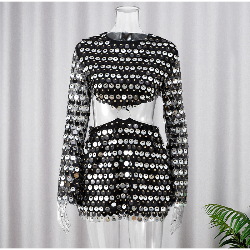 Women Fashion Glitter Sequins Hollow Out Mini Dress Elegant Round Neck Long Sleeves Short Dresses 2025 Female Chic Party Outfit