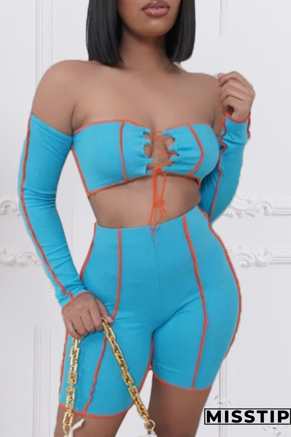 Light Blue Street Solid Bandage Strapless Long Sleeve Two Pieces