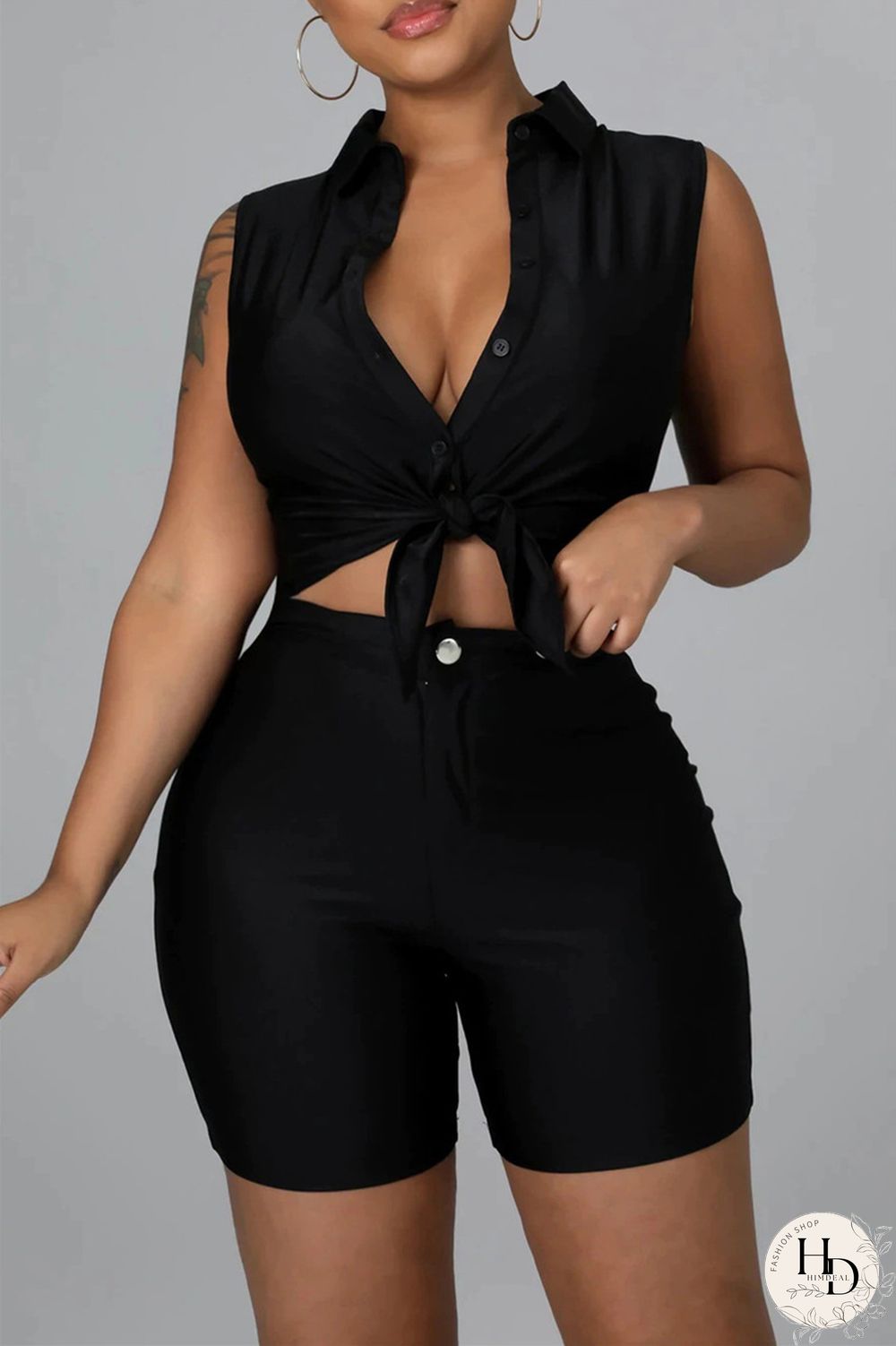 Black Fashion Casual Solid Basic Turndown Collar Sleeveless Two Pieces