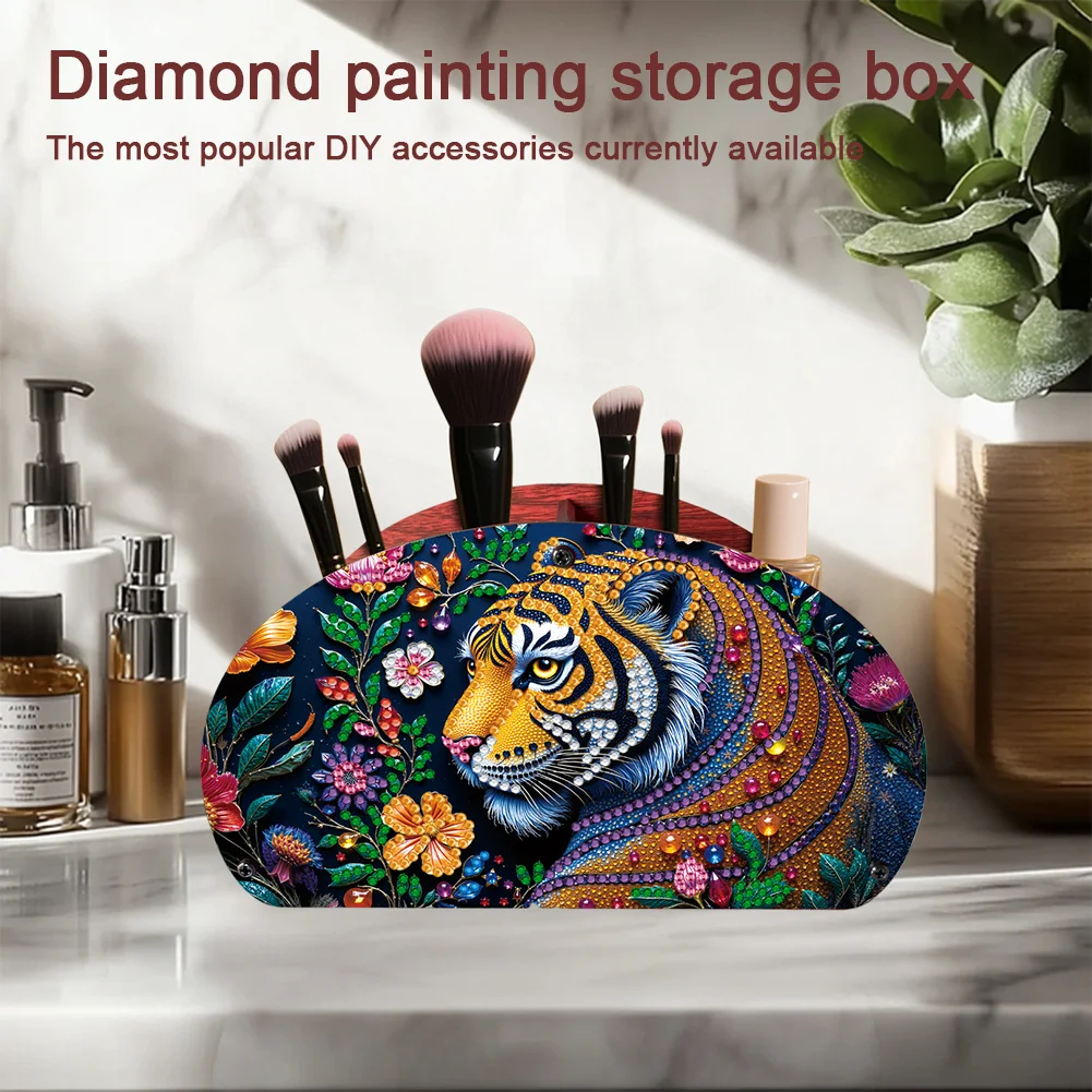 DIY Gem Tiger Design Wooden Diamond Painting Makeup Brush Storage Box Organizer