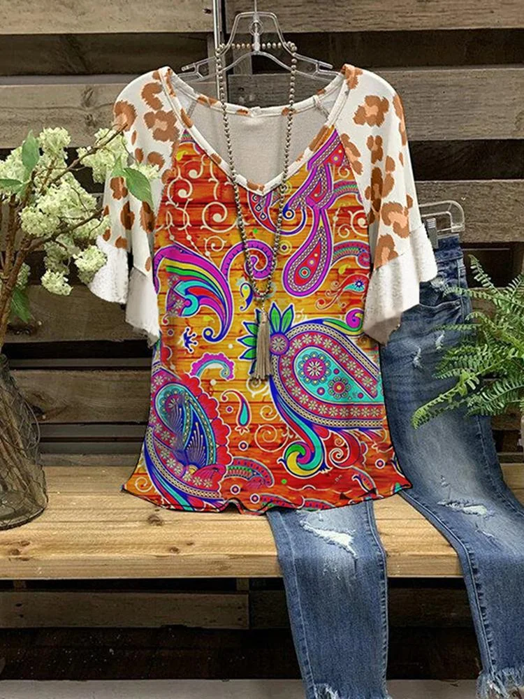 Summer Fashion New Red Print Loose Short Sleeves