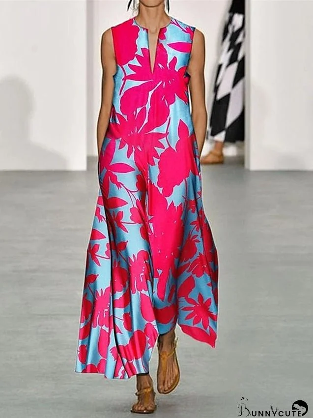 Long Dress Maxi Dress Casual Dress Summer Dress Print Dress Leaf Fashion Streetwear Outdoor Daily Weekend Pocket Print Sleeveless V Neck Dress Regular Fit Blue Fuchsia Orange Spring Summer S for Women