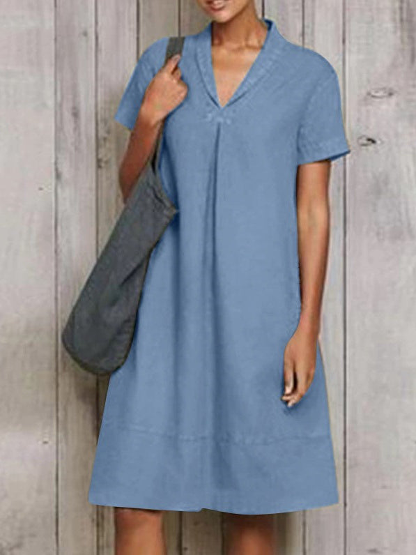Women Short Sleeve V-neck Soild Midi Dress