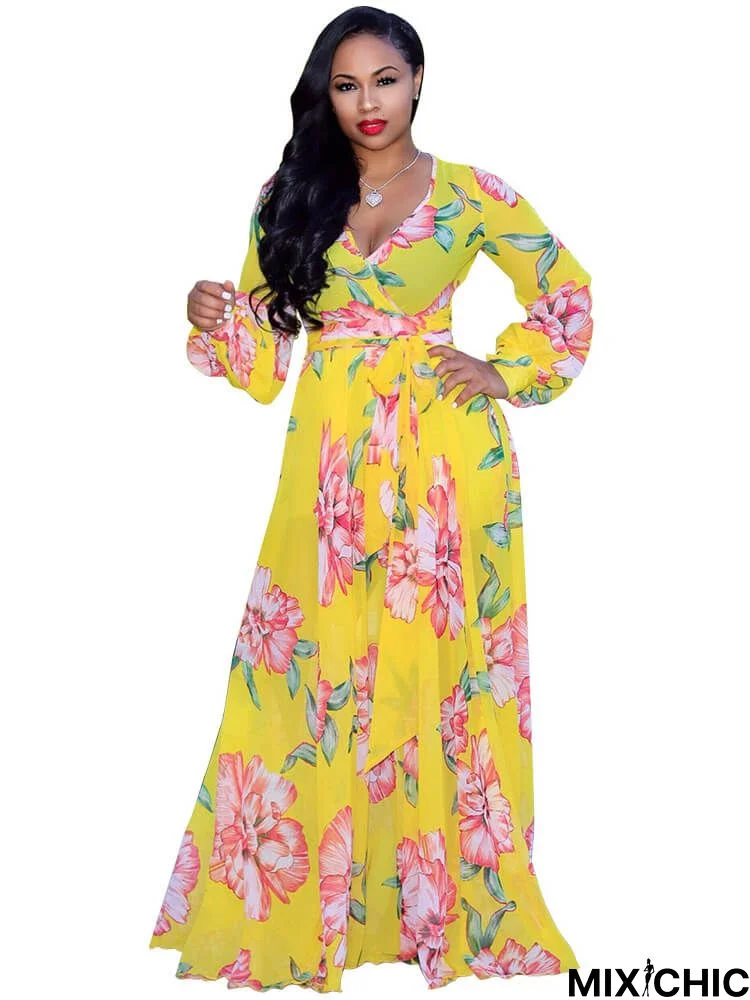 Chiffon Floral Printed V Neck Wrap Boho Maxi Dresses