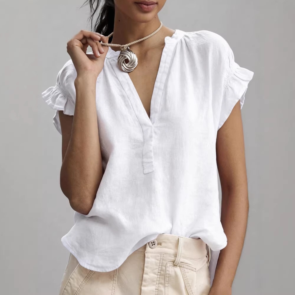 Women's Casual Solid Color V-neck Cotton Linen Top elevenforest