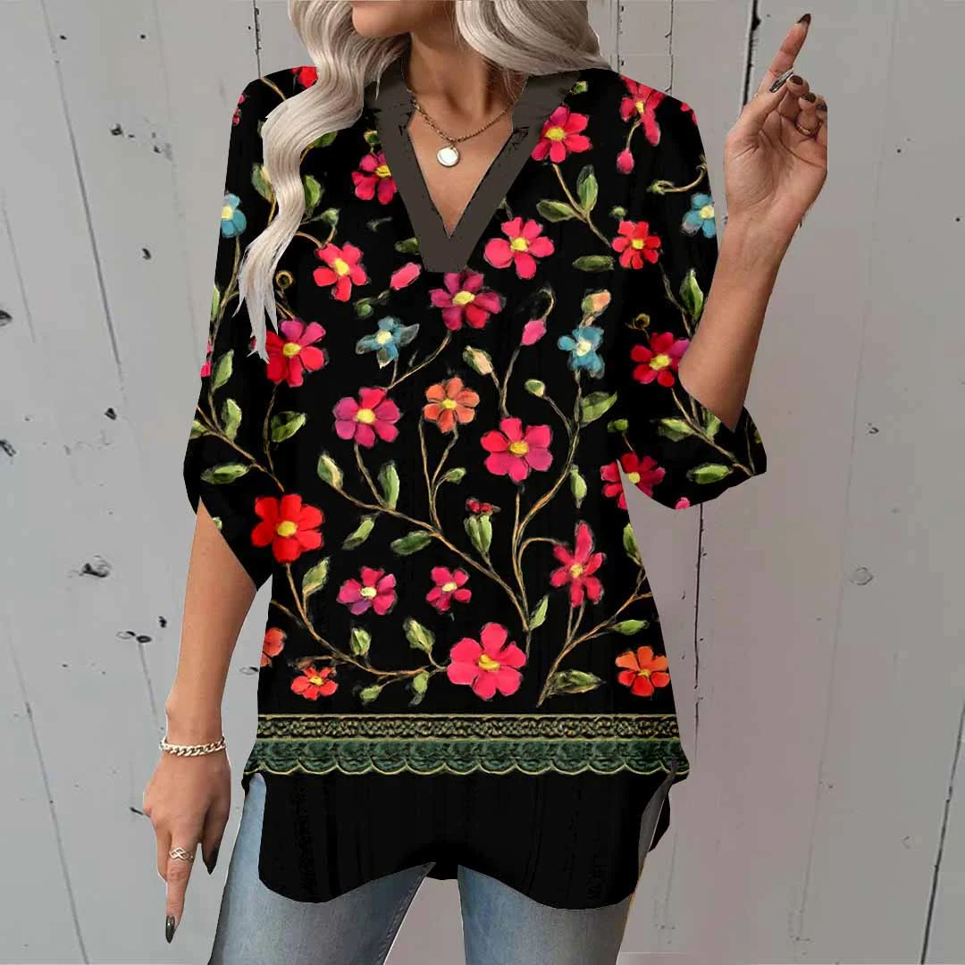 Women Floral, Black DZGA0055 3/4 Sleeve V-neck Printed Graphic Button Tops