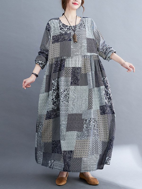 National Loose Plaid Round-Neck Long Sleeves Maxi Dress