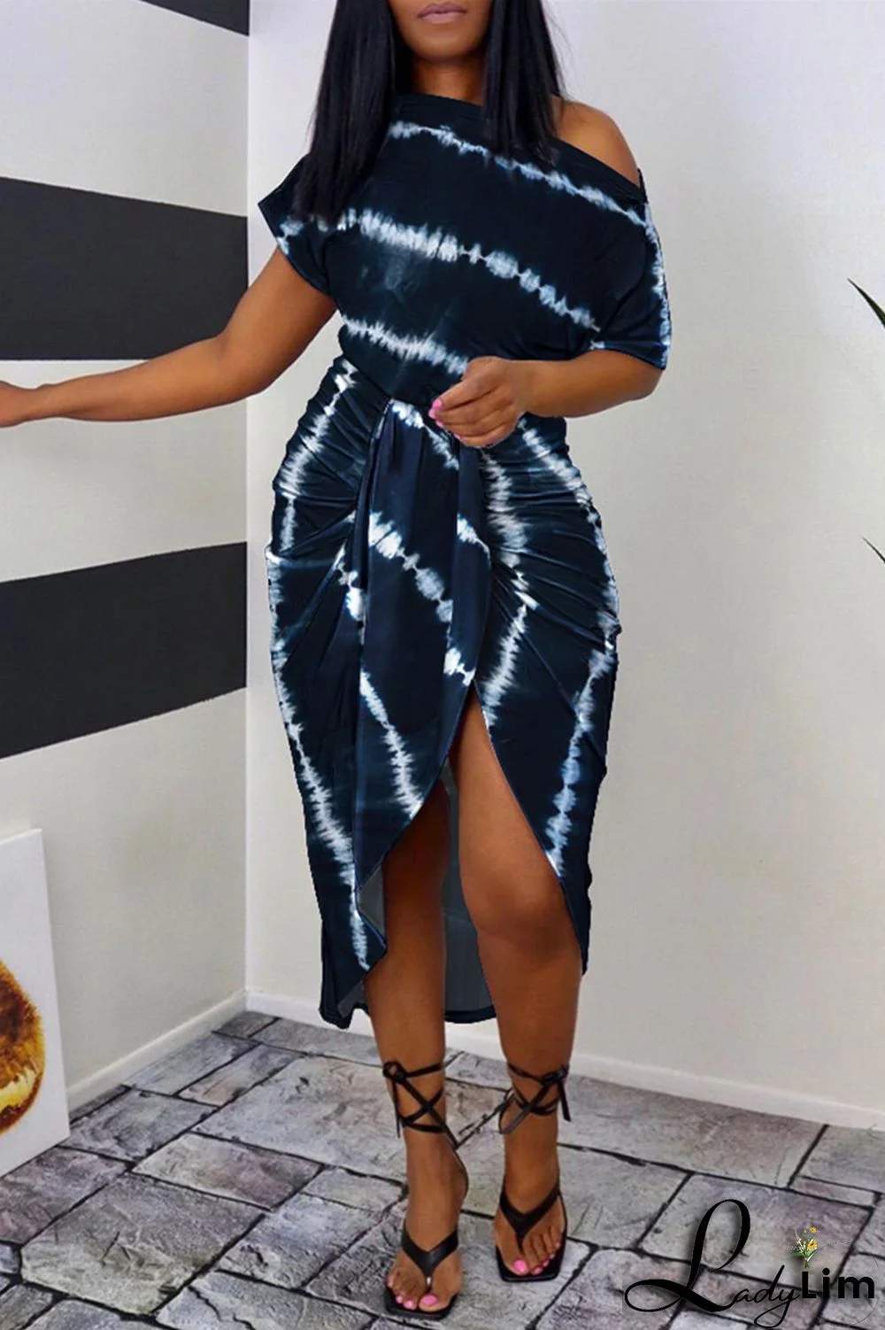 Lake Blue Fashion Casual Print Patchwork Oblique Collar Short Sleeve Dress