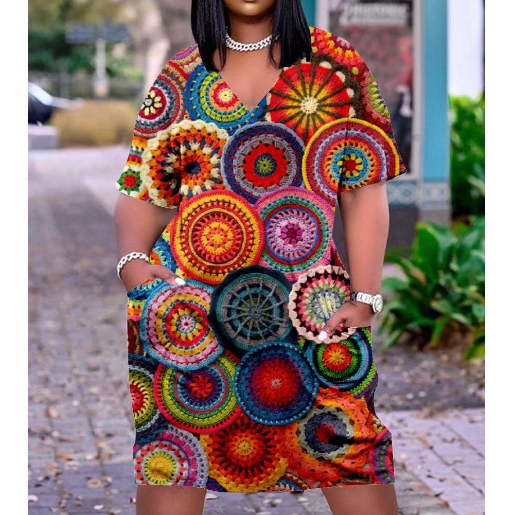 3D printed loose plus size v-neck mid-sleeve dress