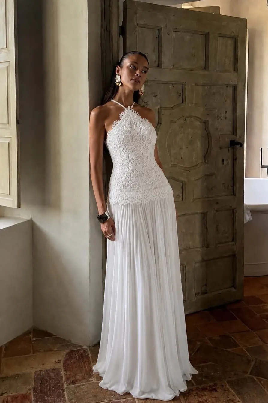 Mollymuna | White Halter Prom Dress A-Line Chiffon with Applique YC0560
