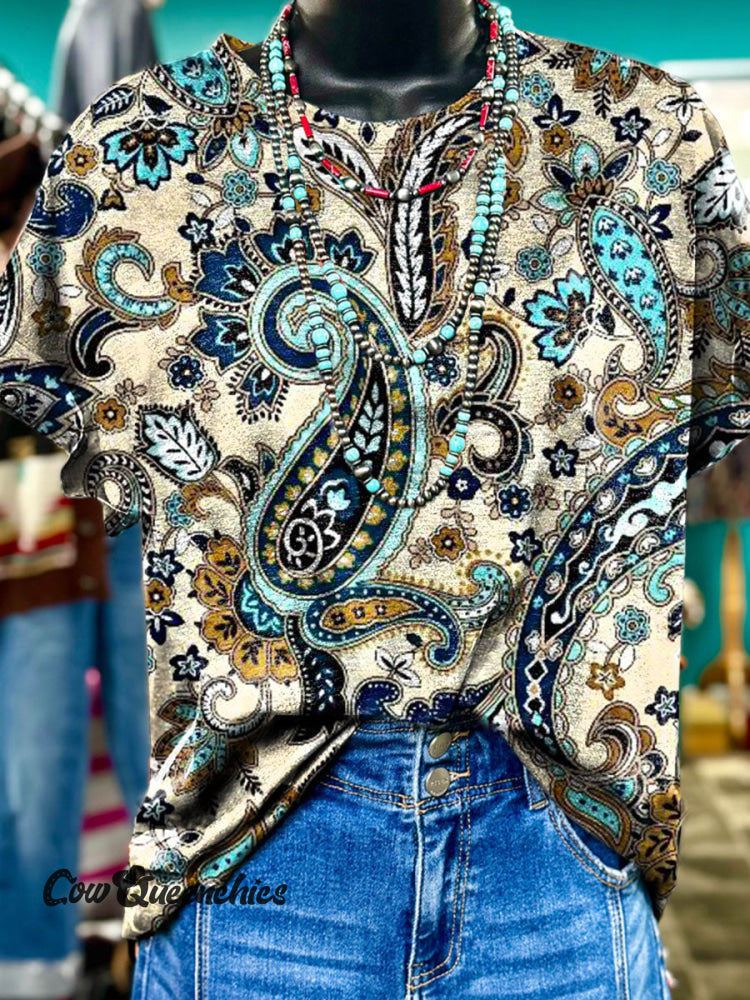 Vintage Paisley Print Casual T-shirt Multicolor / S