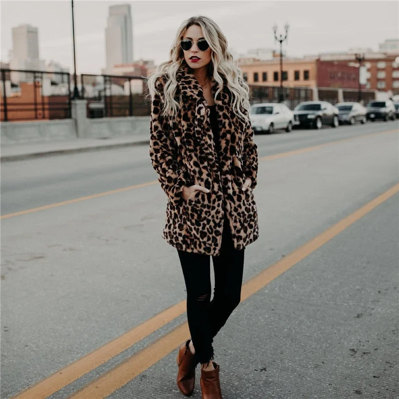 Leopard Print Fashion Cardigan Winter Leopard Print Women's Fur Coat Fleece Lapel West Slim Fit Casual Street Thicken Jacket