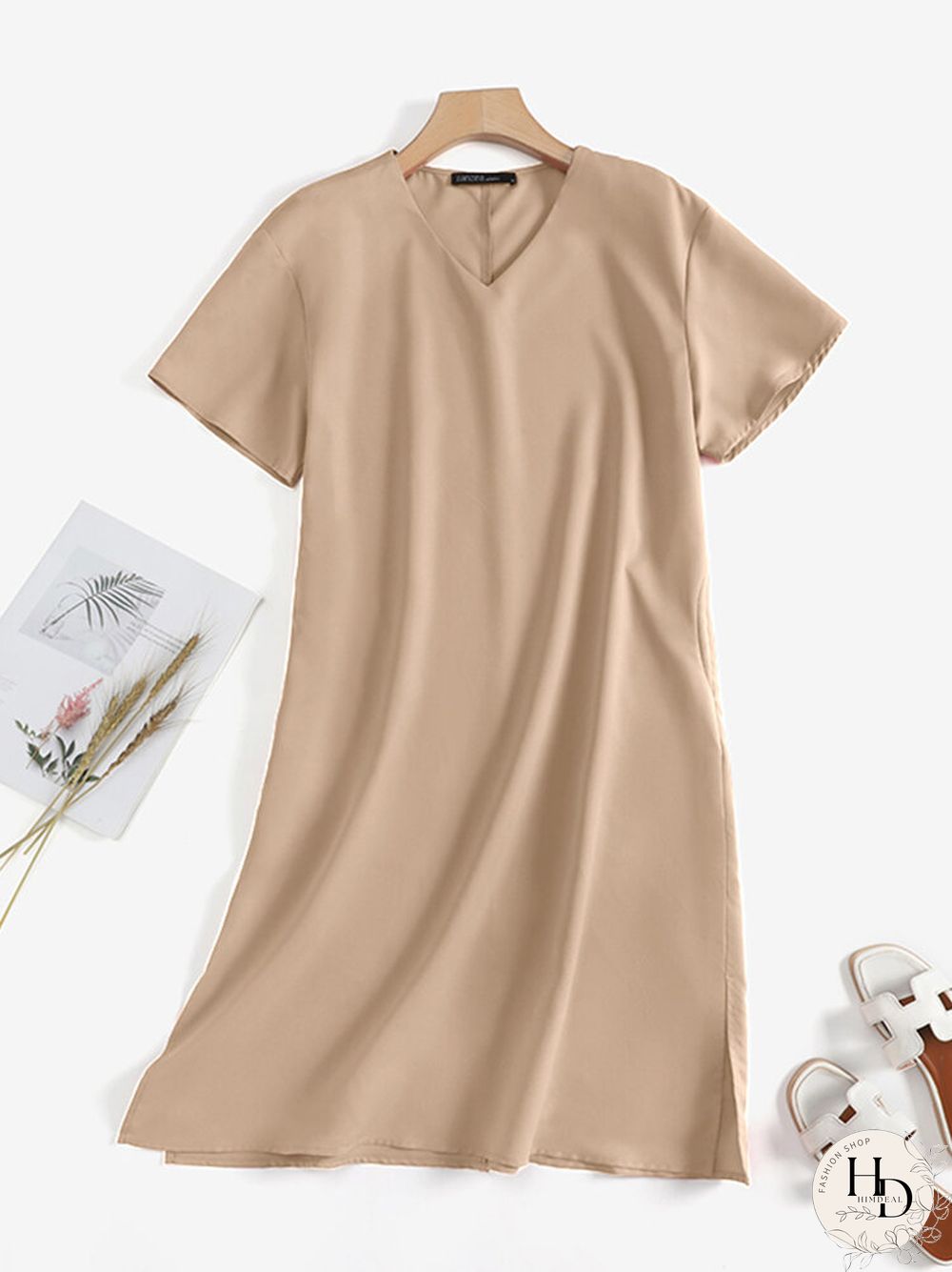 Solid Pocket Slit Hem V-neck Rolled Short Sleeve Dress