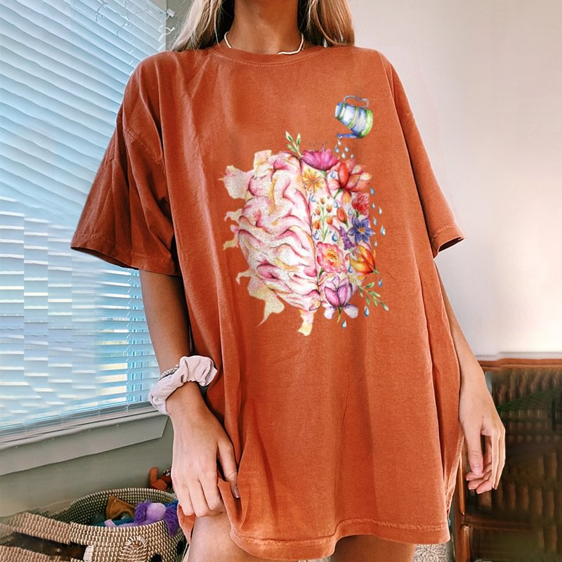 Brain flowers print loose T-shirt designer
