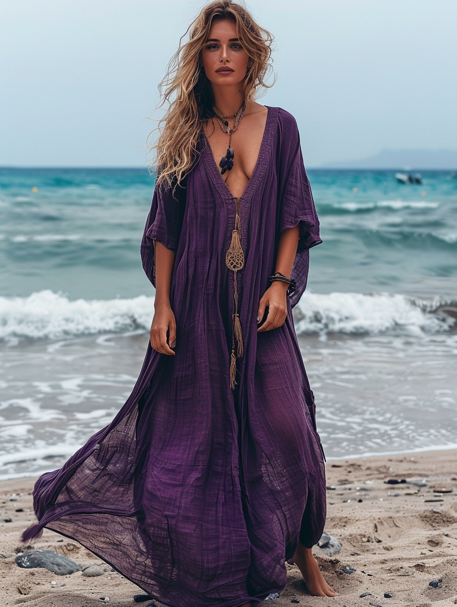 Caftan Kimono Solid Purple Color Beach V-Neck Kaftan Dress