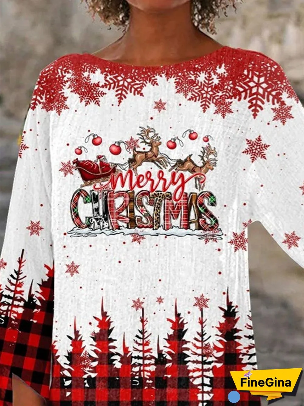 Women Asymmetrical 3/4 Sleeve Scoop Neck Printed Plaid Christmas Tops