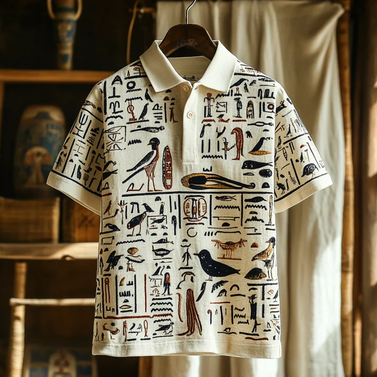 Egyptian Embroidery Loose Linen Lapel Polo Short Sleeve