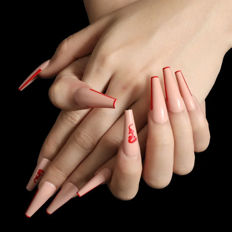 24pcs/Set False Nails Long Red Dragon Pattern Coffin Shaped Press On Nails Acrylic Ballerina Nail Decoration Art Tips