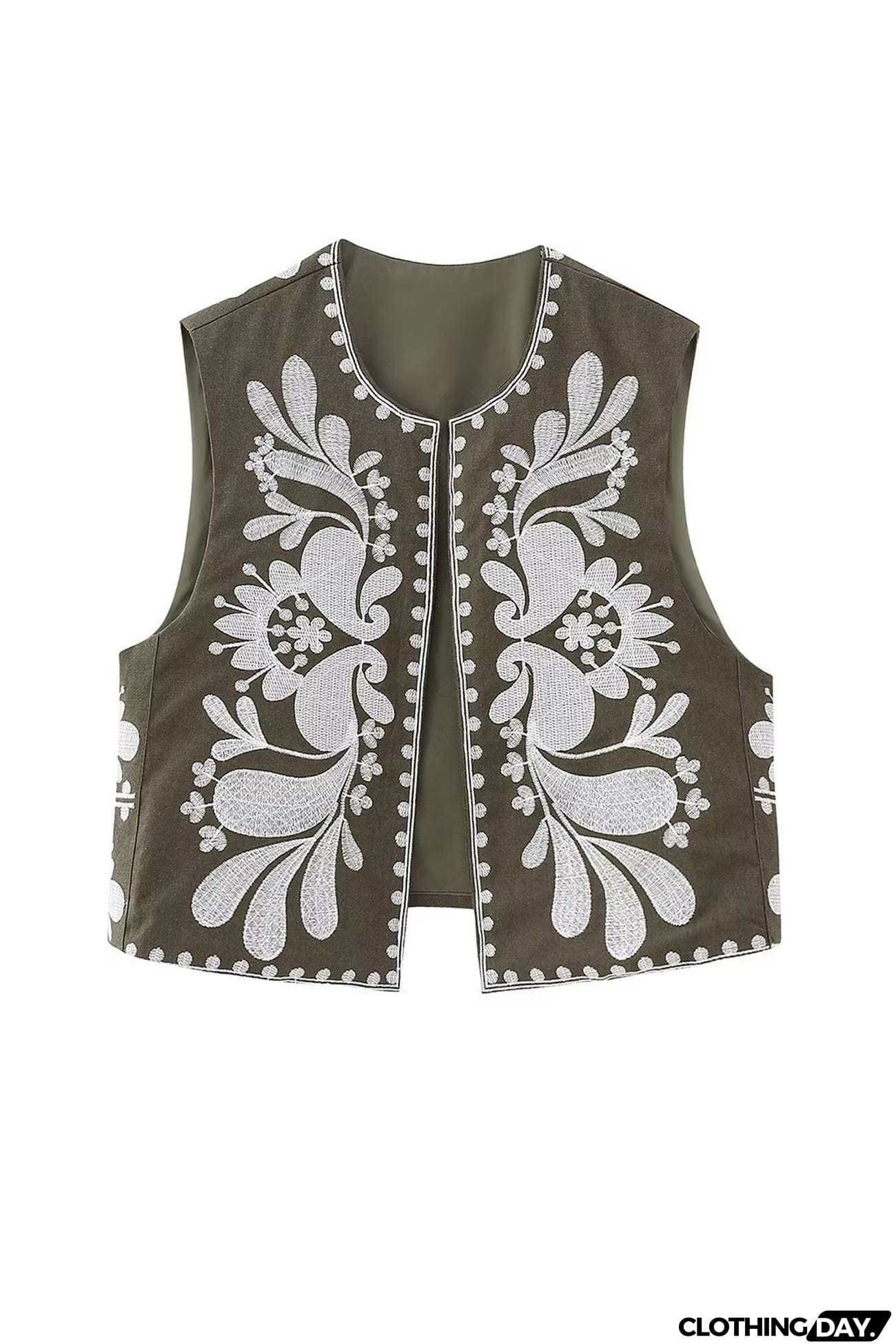 Vintage Floral Embroidery Open Front Vest
