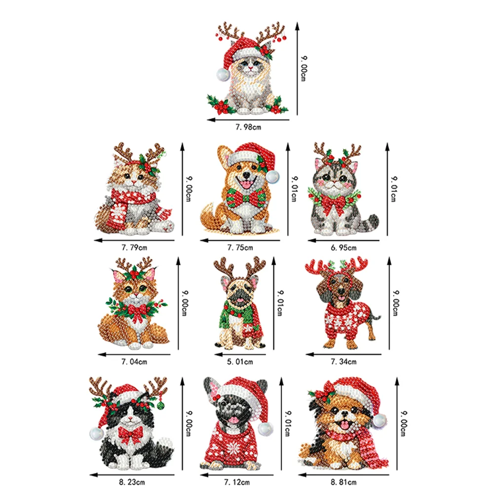 10Pcs Christmas Cats Dogs Diamond Painting Christmas Tree Pendant 