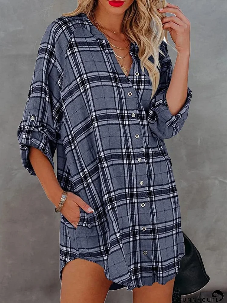 Women's Blouses Check Printed V-Neck Pocket Long Sleeve Blouse