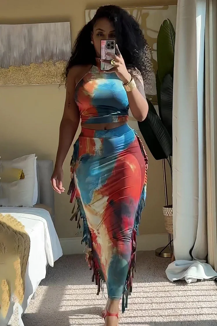 Print Halter Crop Top Fringe Slim-Fit Maxi Skirt 2pcs Set-Blue [Pre Order]