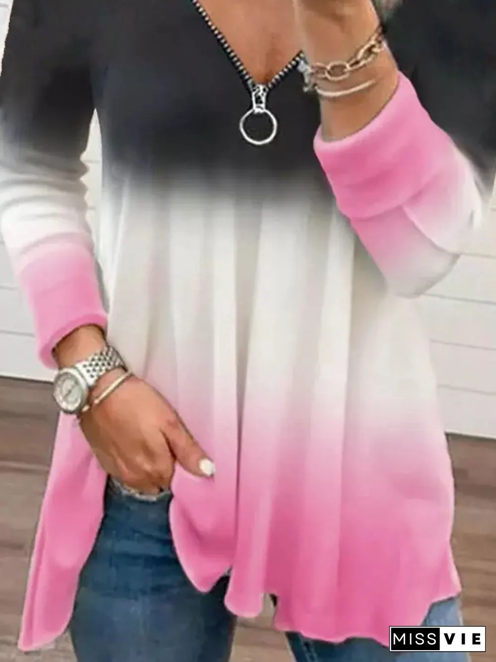 Tie Dye Printed V Neck Loosen Long sleeve Casual Tops