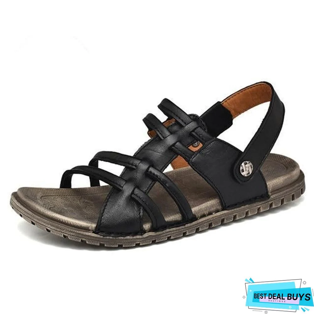 Men's Retro Genuine Leather Sandals Beach Non-Slip Slippers Shoes