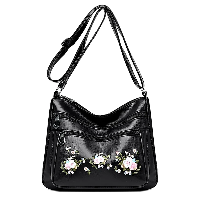 Women Embroidery Flower Pattern Crossbody Bag Zipper Multi-layer Handbag
