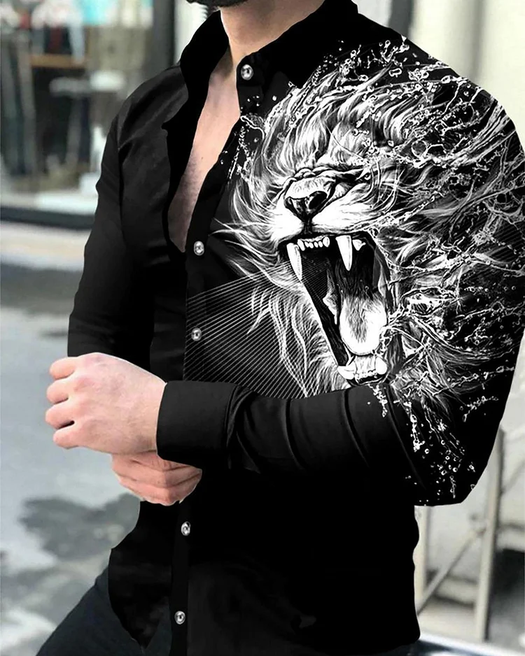 Men's Casual Printed Black Long Sleeve Lapel Shirt