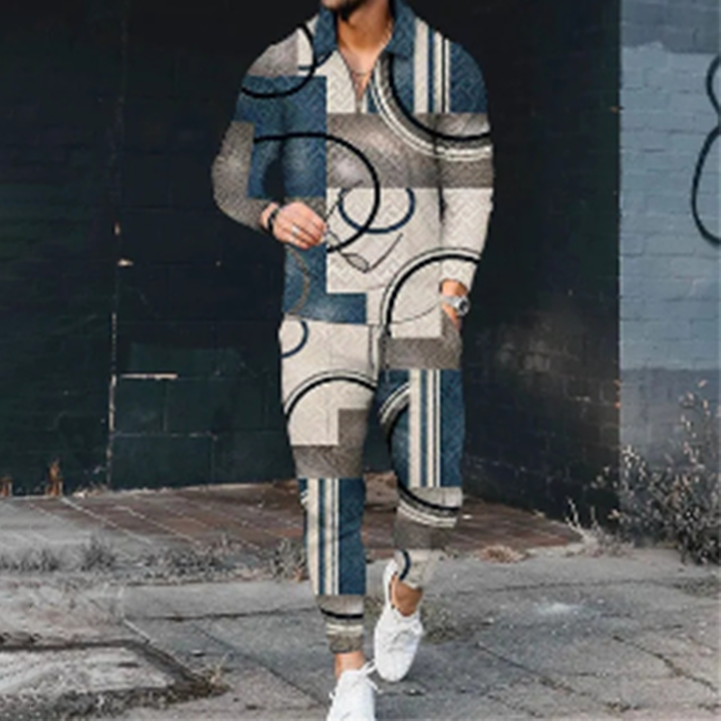 Men's Geometric Panel Polo Shirt And Pants Two Piece Set