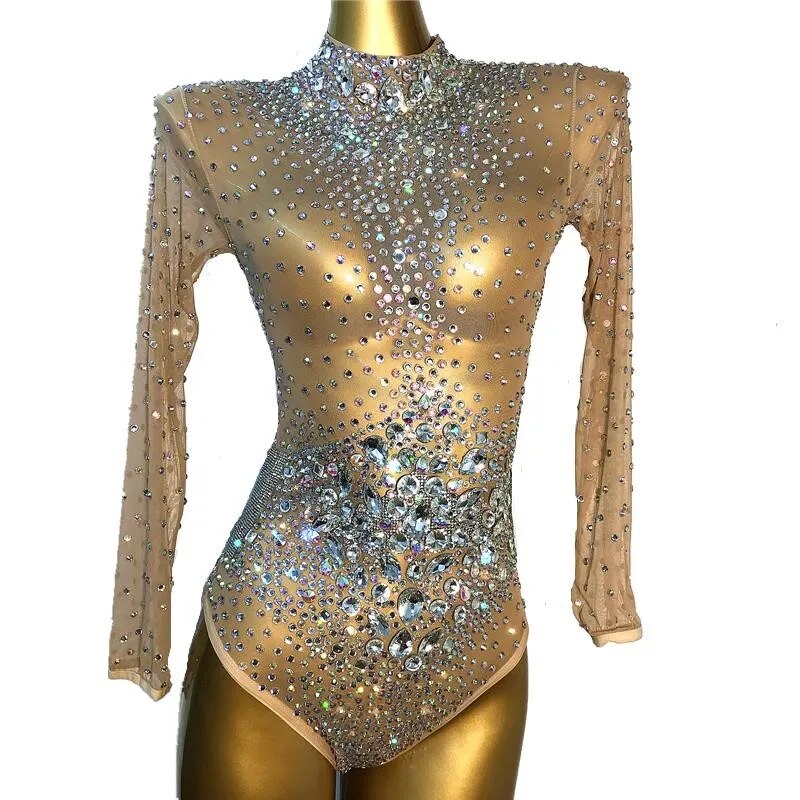 VCSHOES Bright Rhinestones Crystals Mesh Outfit Bodysuit Evening Birthday Party Transparent Leotard Nightclub Singer Dance Big Stones