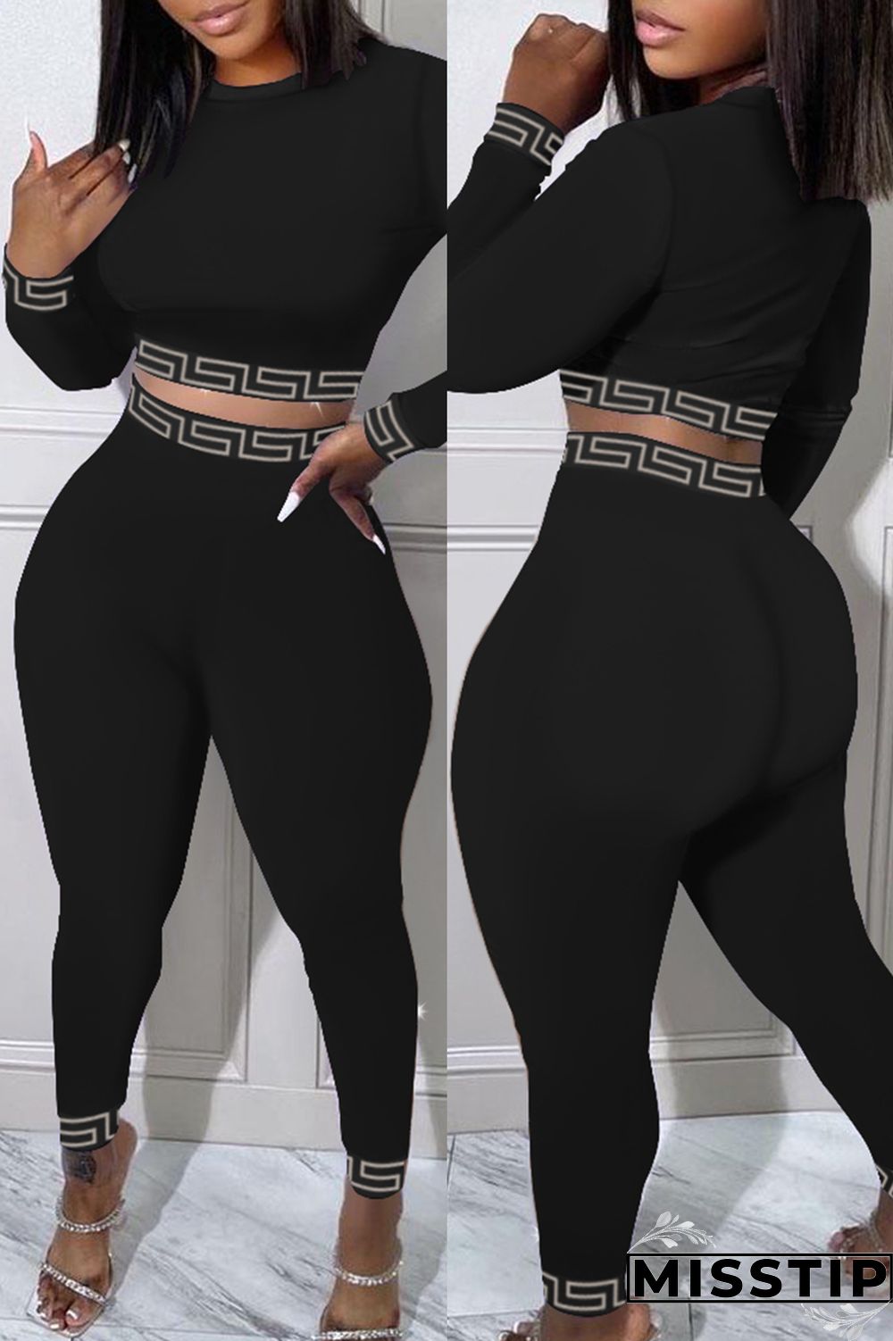 Black Casual Print Patchwork O Neck Long Sleeve Two Pieces