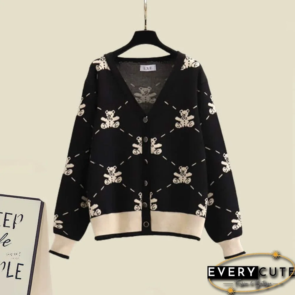 Plus Size Bear Print Cardigan Sweater Pants Two Pieces Set