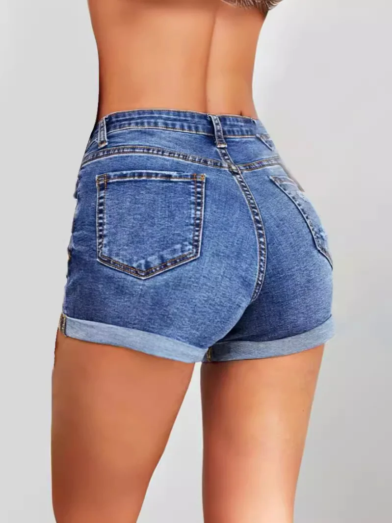 Woherb Broken Hole Flip Edge Stretch Denim Shorts Woman-Outfit Ideas