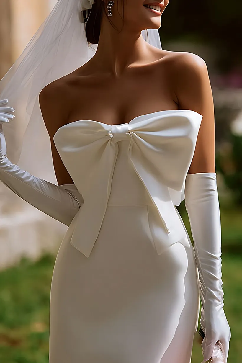 strapless bodycon wedding dress White Short with Bow with Gloves elegant slip dress prom dress with sleeve Size:17.5 36-37 sculpted frame across the