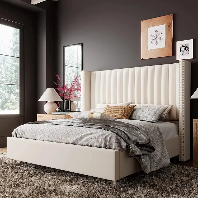 Jocisland Bed Frame King Size Upholstered Bed Wingback Headborad Velvet Channel Tufted/No Box Spring Needed/Cream