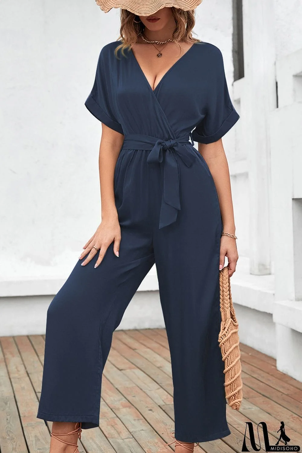 MidiSono - Tie Waist Surplice Wide Leg Jumpsuit