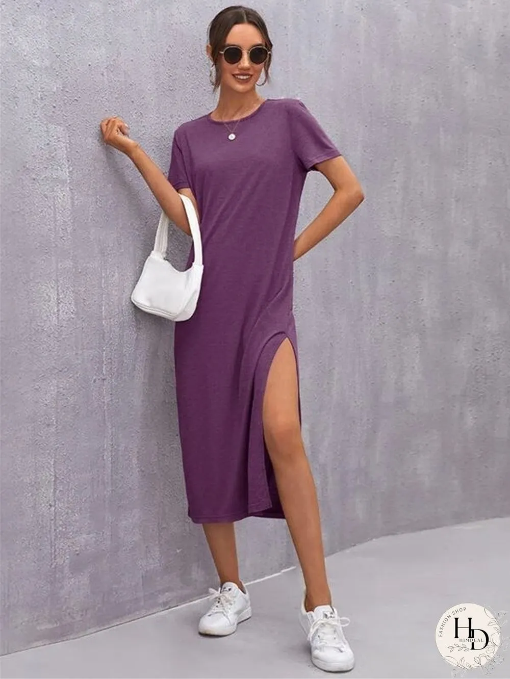 New Spring & Summer Womens Y2K Dress Knitted Short-Sleeved Round Necks Slit Mid-Vintage