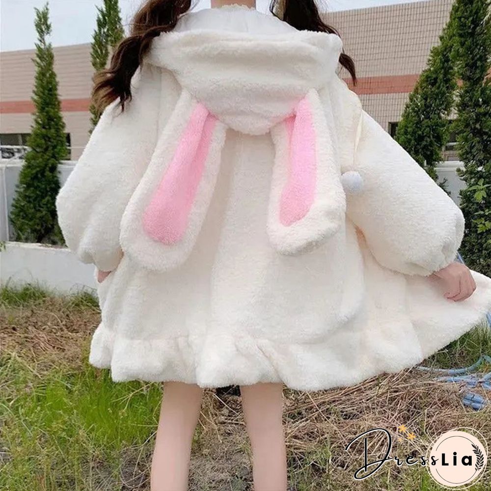 New Women Kawaii Zipper Hooded Coat Rabbit Ears Cute Sweet Girls Harajuku Style Warm Jacket
