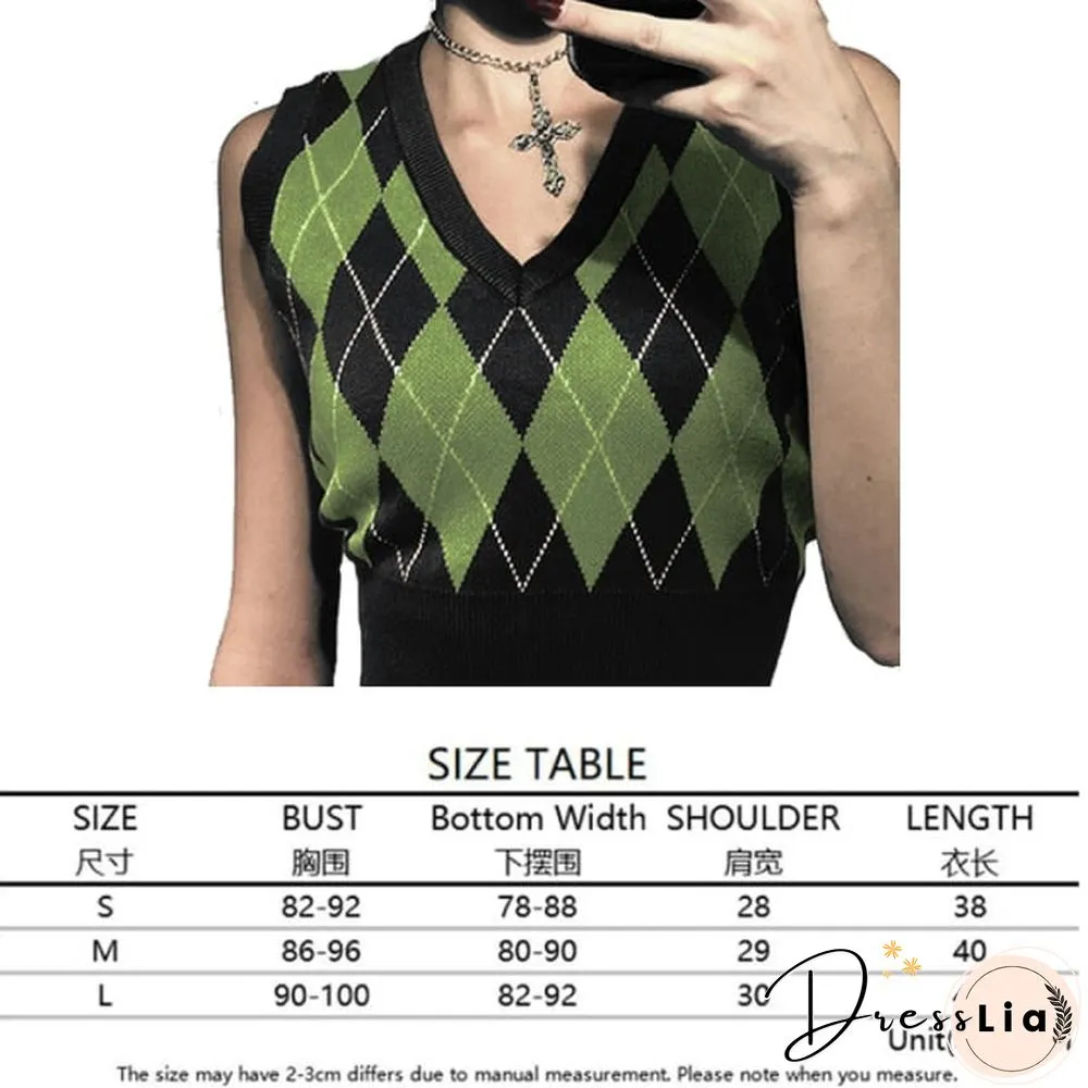 V Neck Vintage Argyle Sweater Vest Women Black Sleeveless Plaid Knitted Crop Sweaters Casual Autumn Preppy Style tops