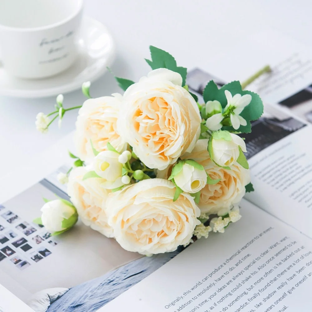 White Roses Artificial Flowers Silk Peonies Wedding Decorative Vases for Home Decor Bride Bouquet Foam Craft Gifts Fake Plants