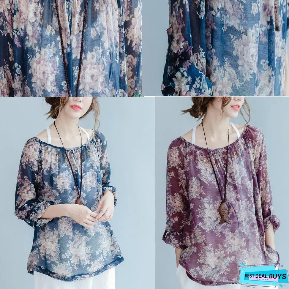 The old memories Navy floral cotton shirts thin long sleeve blouses cotton tops