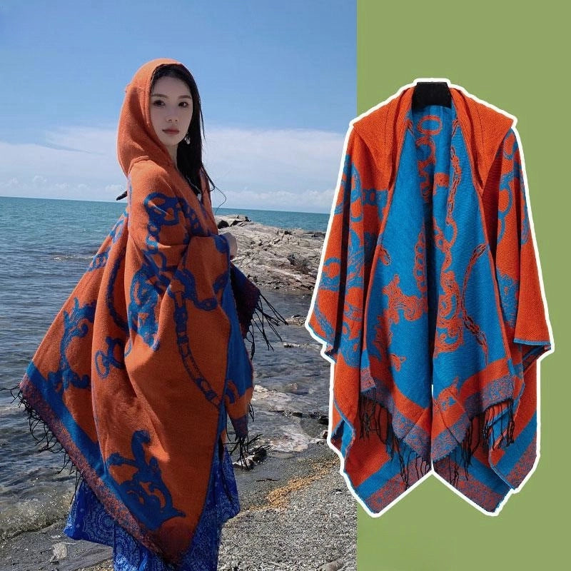 Ethnic Style Hooded Cape Women’s Yunnan Tibet Western Sichuan Grassland Bohemia Travel Wear Scarf Coat