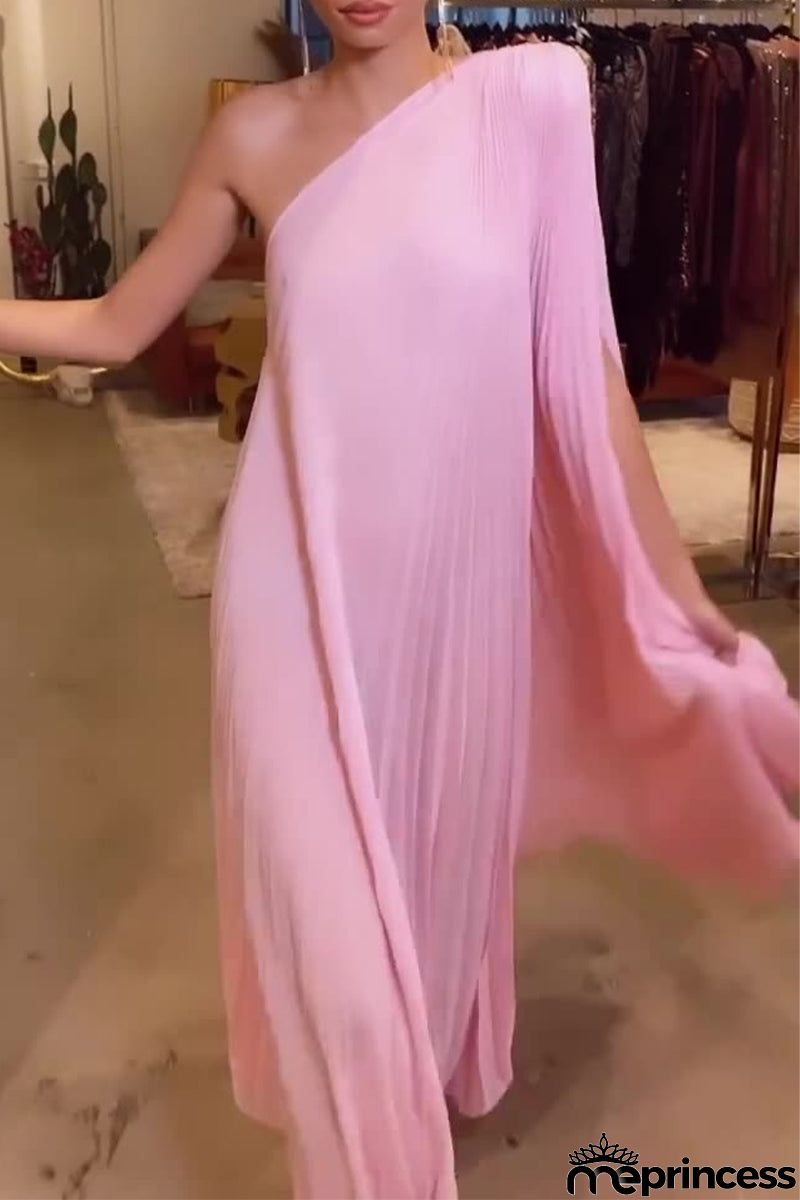 Sweet Formal Solid Fold Oblique Collar Irregular Dress Dresses