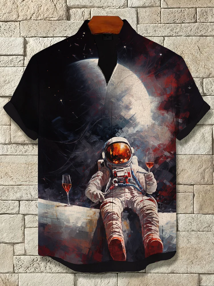 Men's Astronaut Drinking Sci-Fi Art Print Casual Shirt