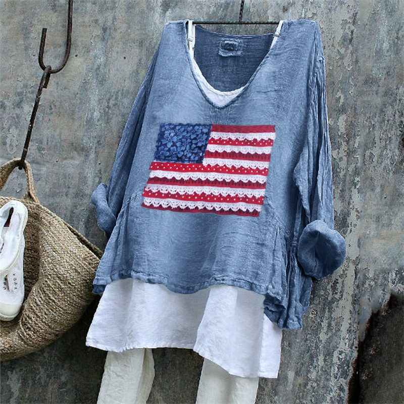 American Flag Fiber Art Patch Linen Tunic wearshes