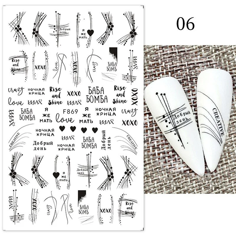 1Pc Black White French 3D Nail Sticker Hollow Painting Nail Trasnfer Sliders Manicure Butterfly Star Heart Pattern Nail Decor-Nail Inspo