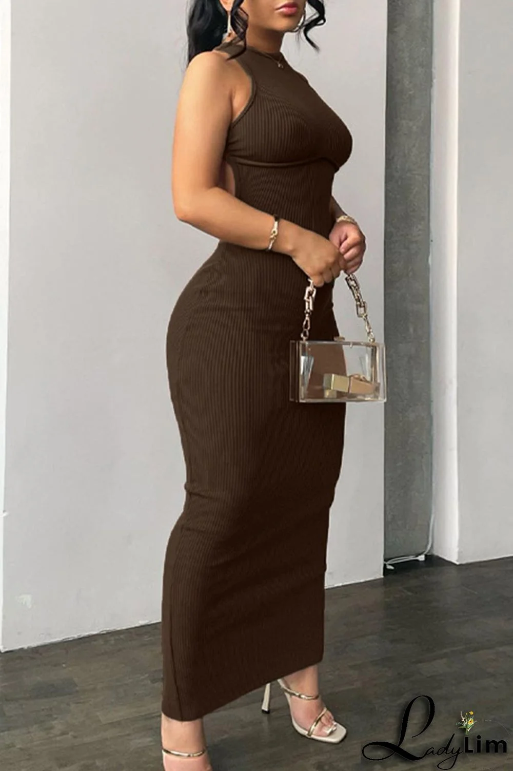 Coffee Fashion Sexy Solid Backless O Neck Sleeveless Dress Dresses