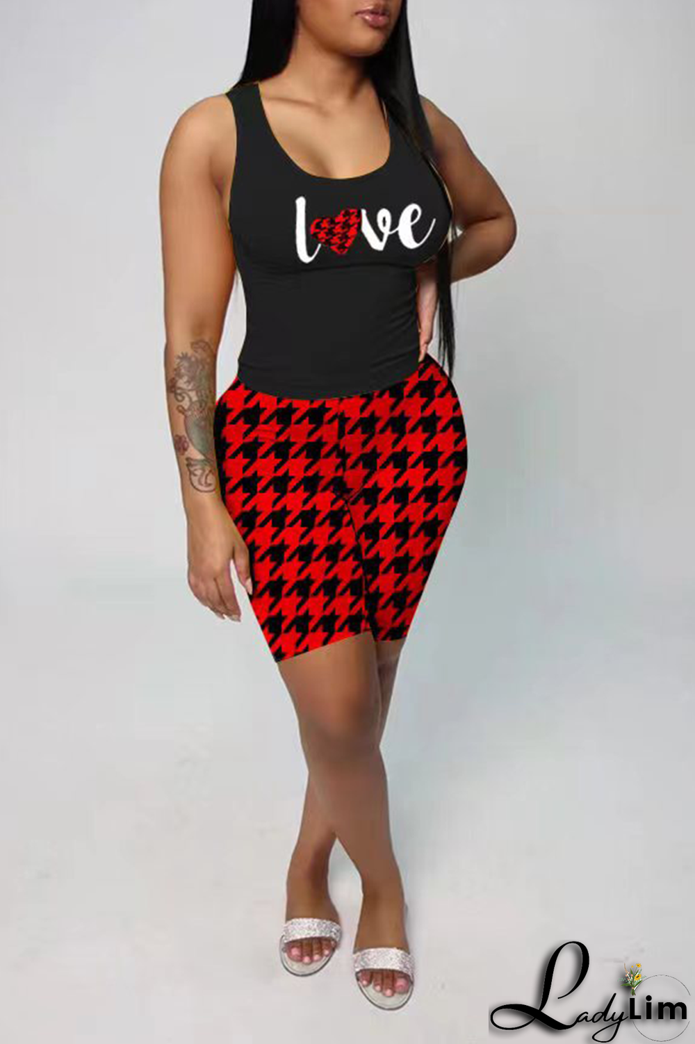 Red Casual Print Patchwork Letter U Neck Sleeveless Two Pieces